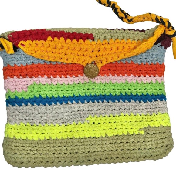 Handcrafted Crochet Rainbow Shoulder Bag With Button Closure & Braided Strap New - Picture 2 of 7